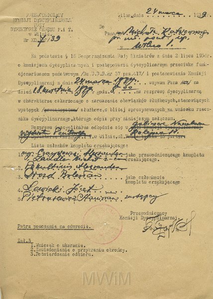 KKE 5510.jpg - Dok. Wezwanie na sprawę Michała Katkowskiego w sprawie naruszenia obowiązków służbowych, Wilno, 24 III 1939 r.